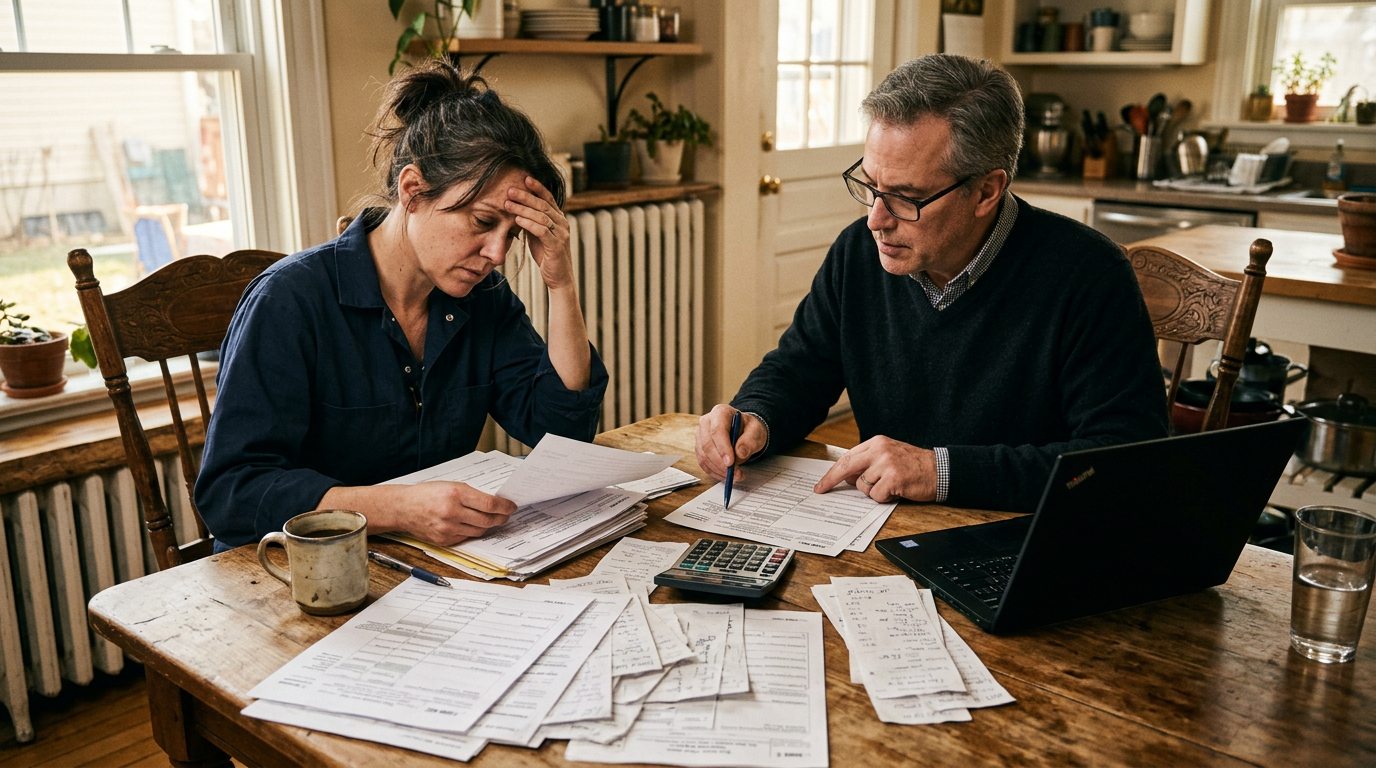 Owner-operator and 1099 tax filing professional reviewing paper documents for business tax planning at a wooden table.