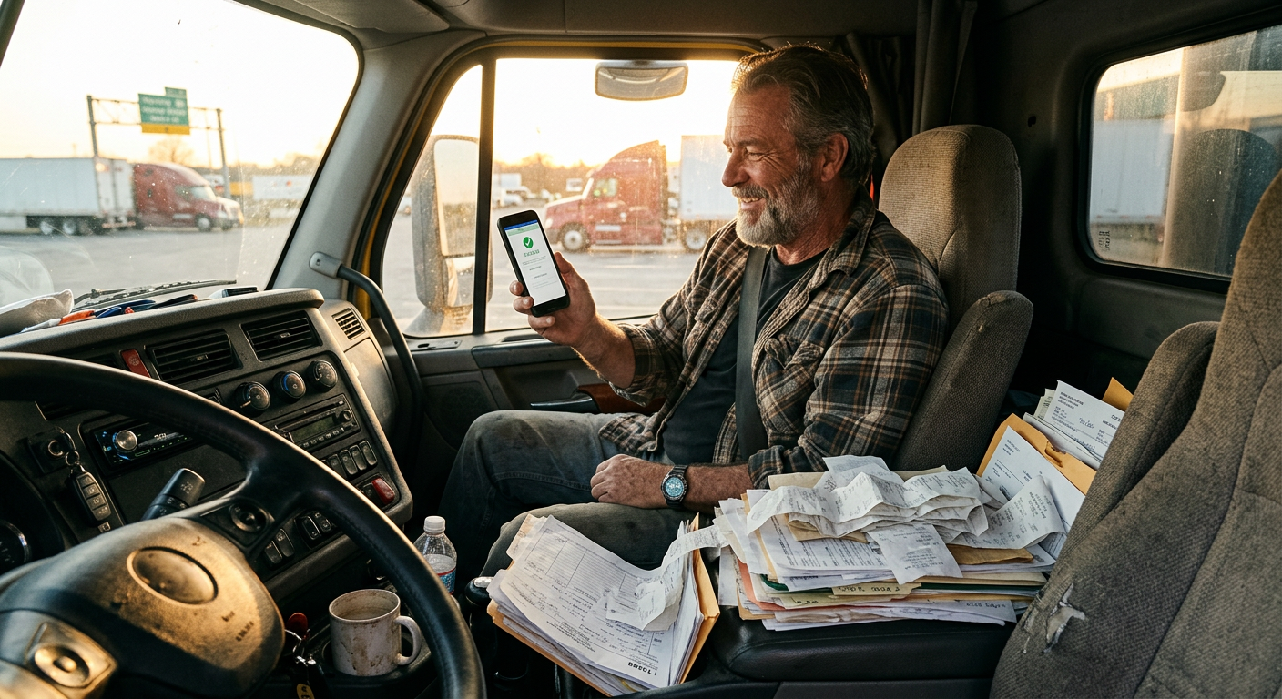Owner-operator driver using a 1099 tax filing service on his phone, replacing a messy pile of paper receipts.