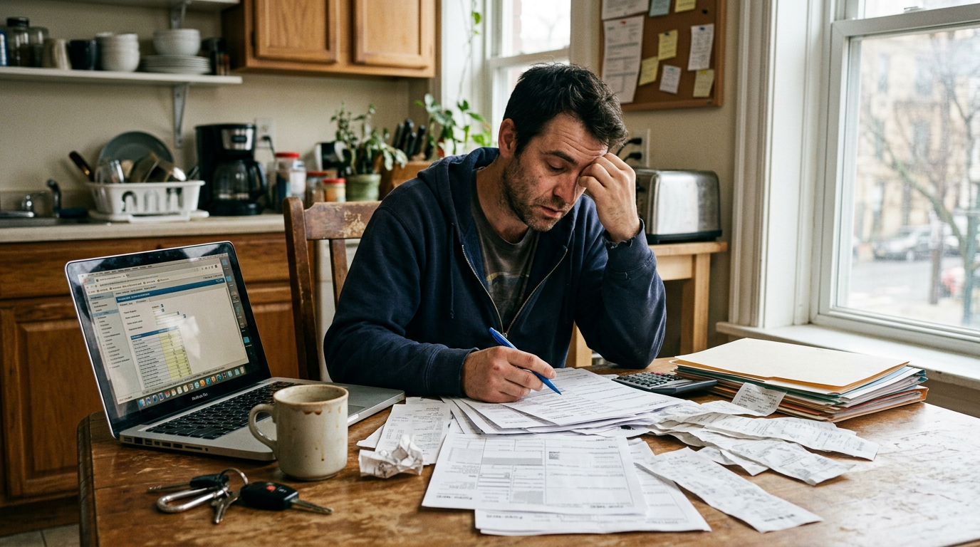 Gig worker reviewing 1099 tax filing forms and receipts, realizing the need for a professional tax filing service.