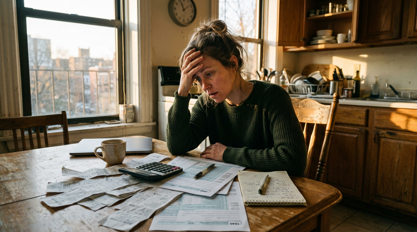 A stressed gig worker reviews 1099 tax filing documents and receipts at a table, highlighting tax preparation challenges.