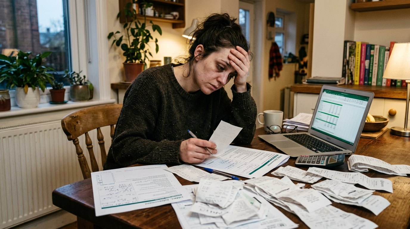 Independent gig worker organizing receipts for 1099 tax filing and business tax planning at a wooden desk.
