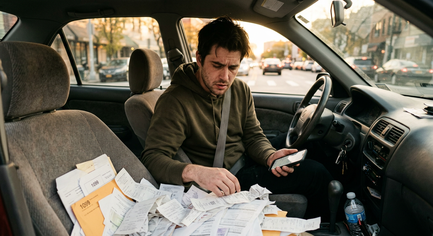 Stressed gig worker checking phone and receipts, needing a 1099 tax filing professional for owner operators.