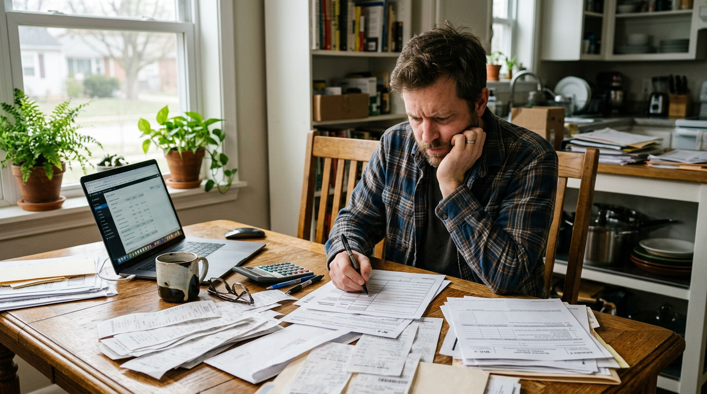 A focused gig worker reviewing 1099 tax forms and receipts at a table for tax prep and business planning.