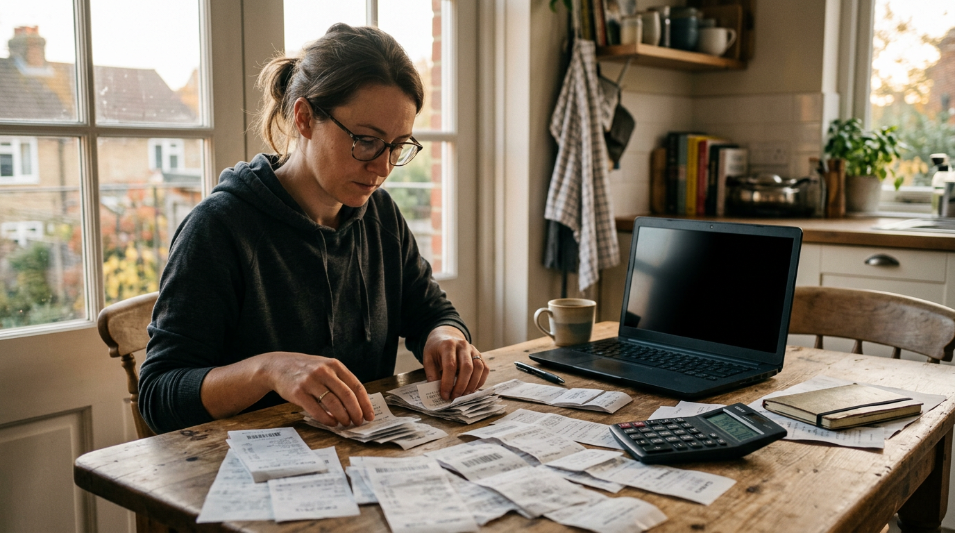 Independent gig worker organizing receipts at a table for 1099 tax prep and business tax planning.