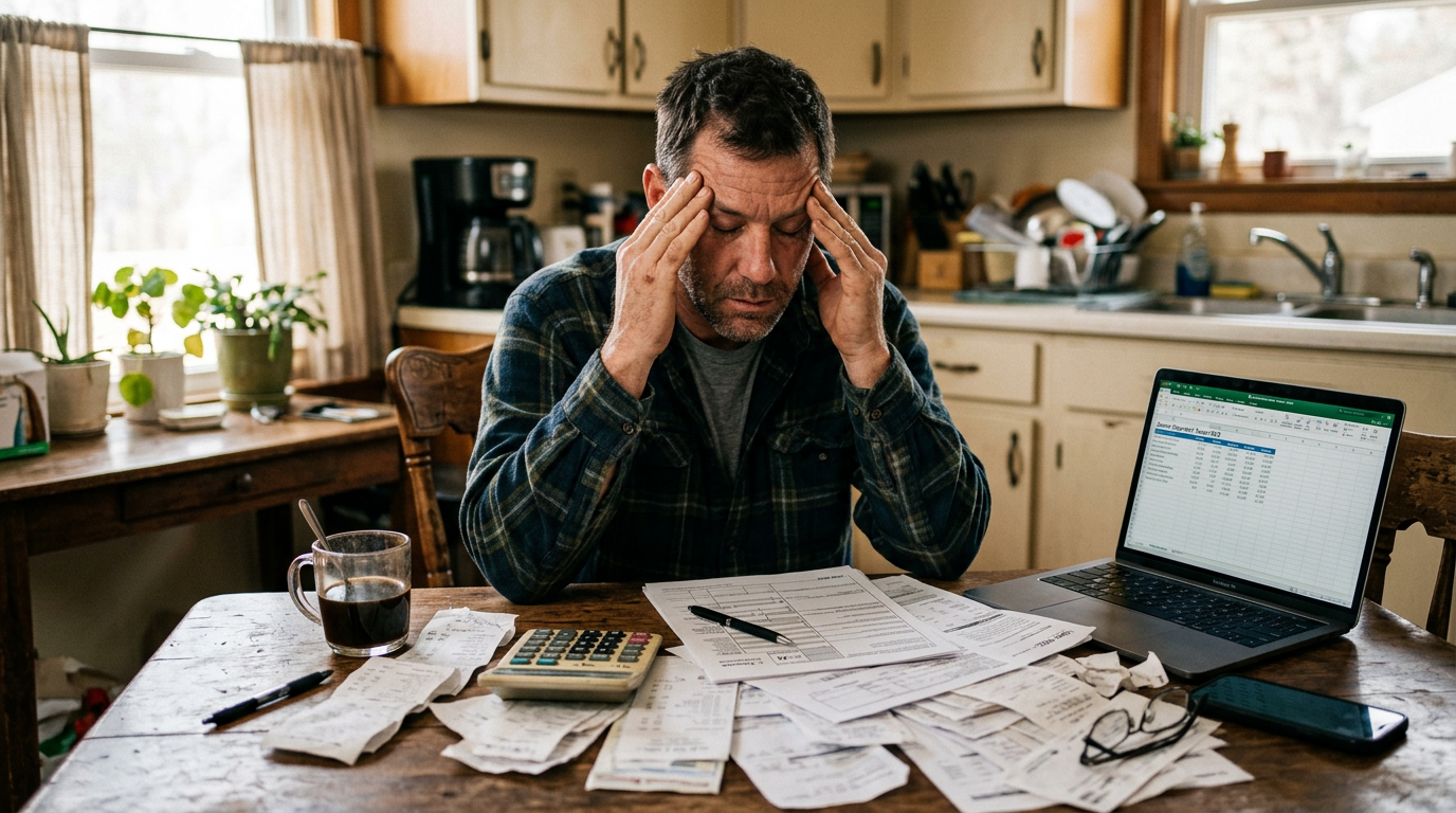 Stressed owner operator doing tax prep, highlighting the need for a 1099 tax filing professional.