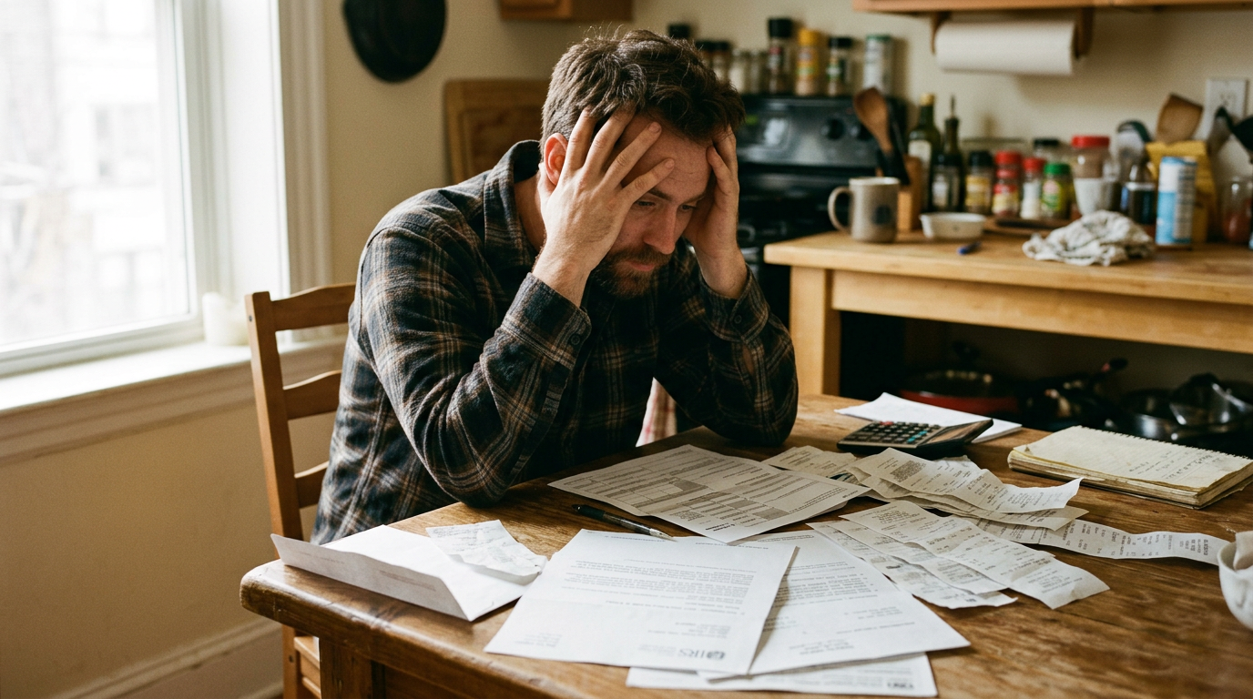 Stressed gig worker reviewing 1099 tax forms and an IRS audit letter at a kitchen table.