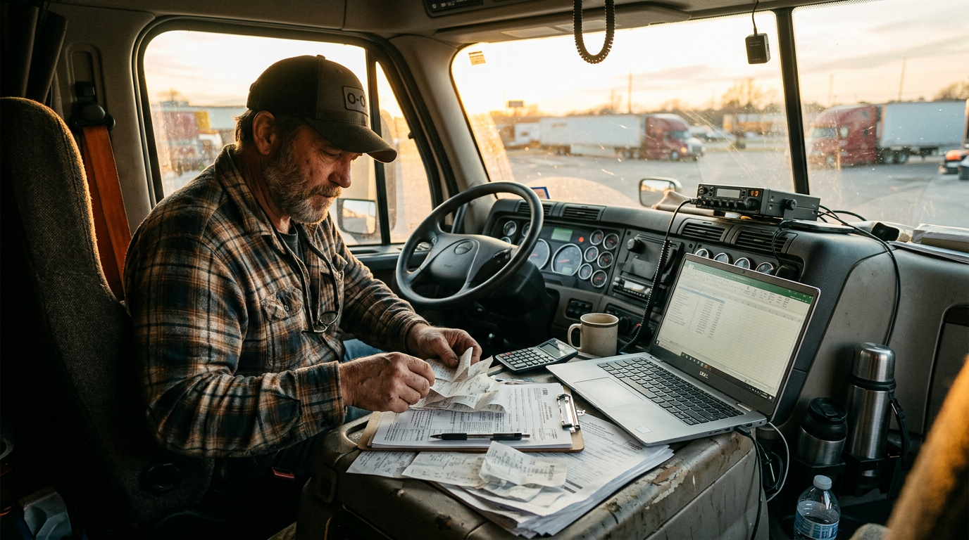 Owner-operator truck driver doing 1099 tax prep and business tax planning with receipts in a truck cabin.