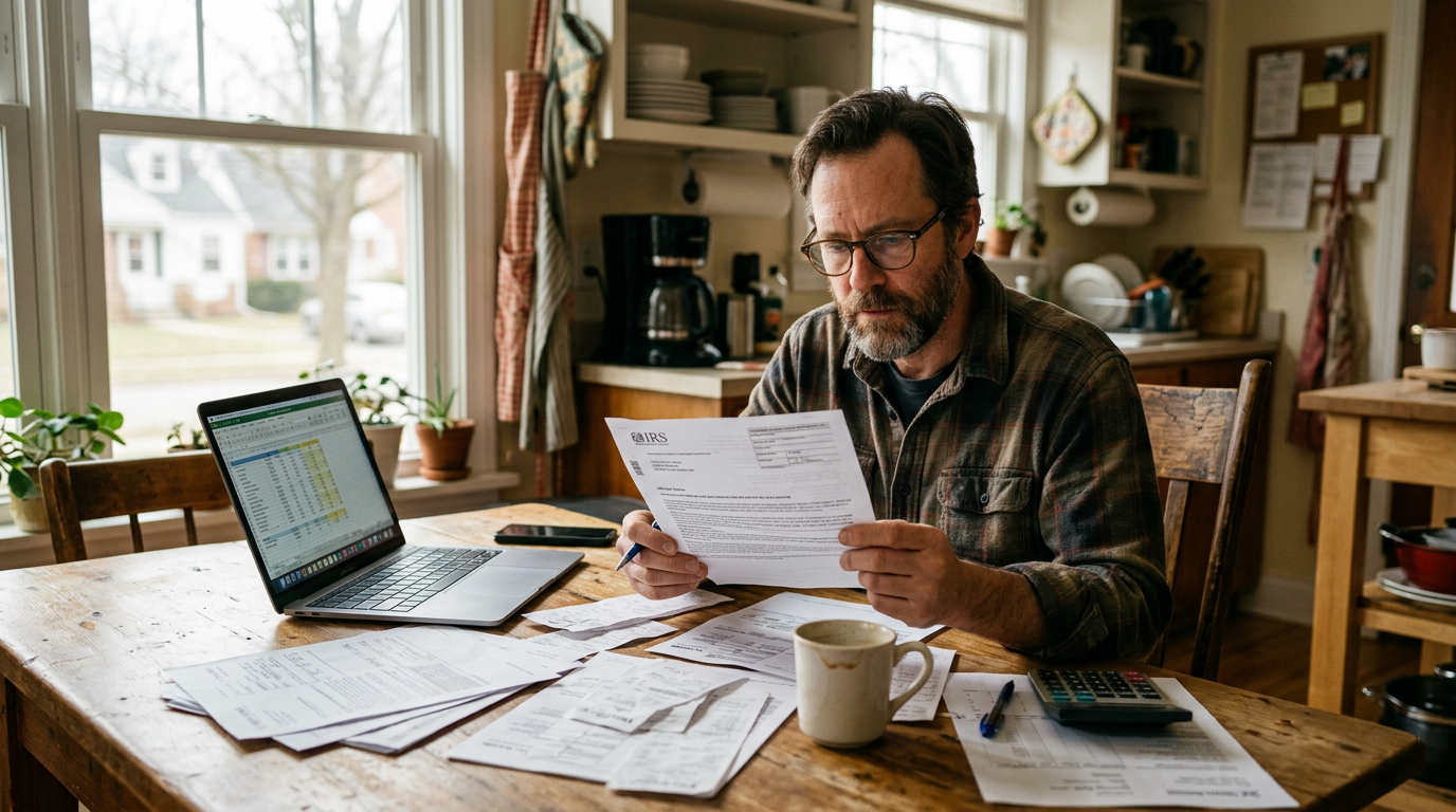 Freelance worker reviewing an IRS tax notice and 1099 forms at a laptop, highlighting tax prep and audit protection services.