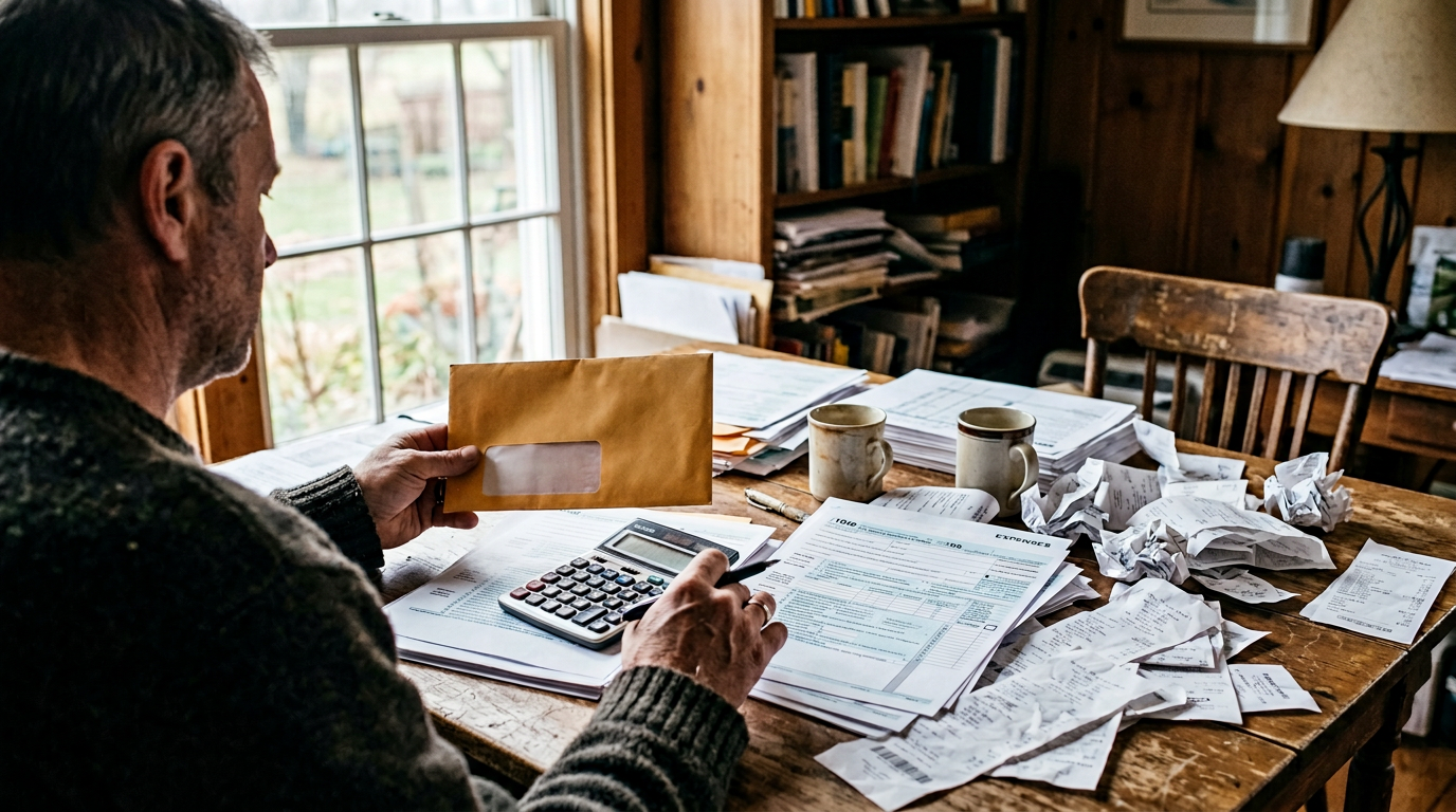 Owner operator organizing tax prep paperwork and reviewing an audit notice to file past due 1099 taxes.