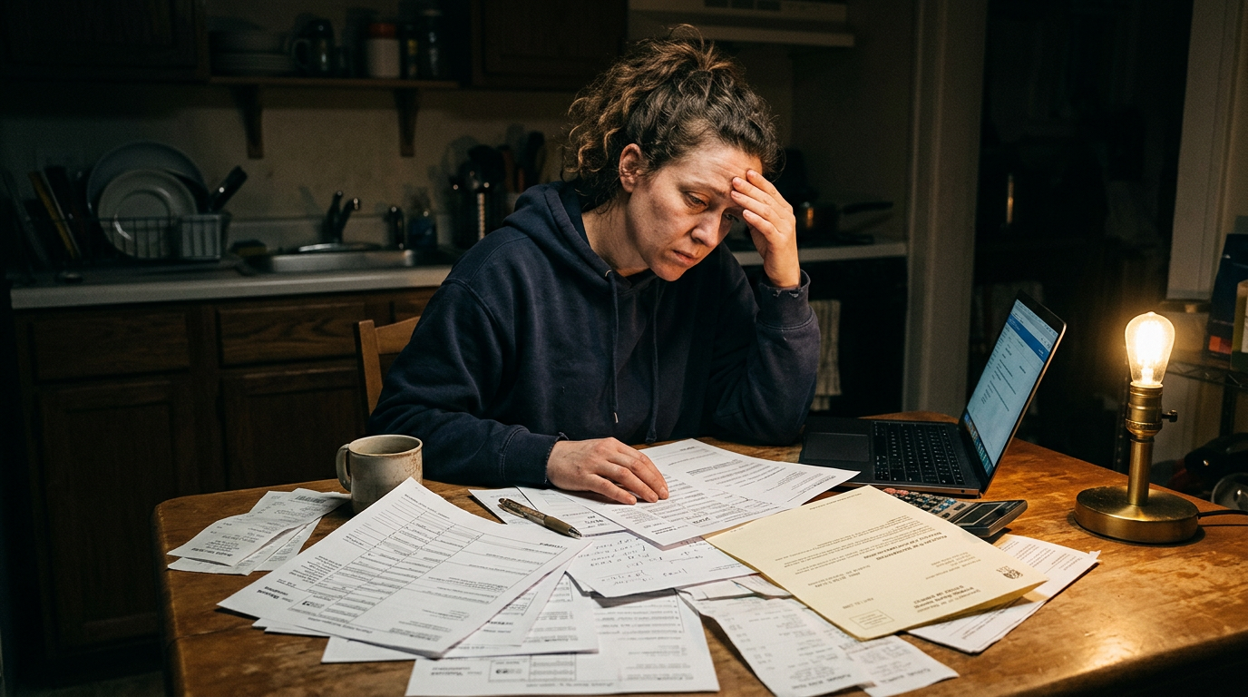 Stressed gig worker reviewing 1099 tax forms and IRS audit notices at a table for business tax planning.