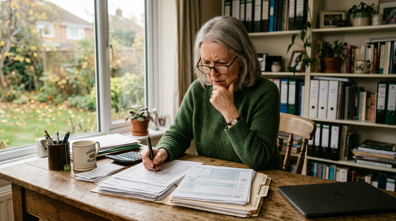 Older woman reviewing tax documents at a desk, representing 1099 tax filing and business tax planning services.