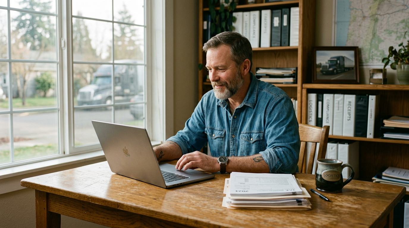 Logistics owner-operator using a laptop for fast 1099 tax filing and business tax planning.