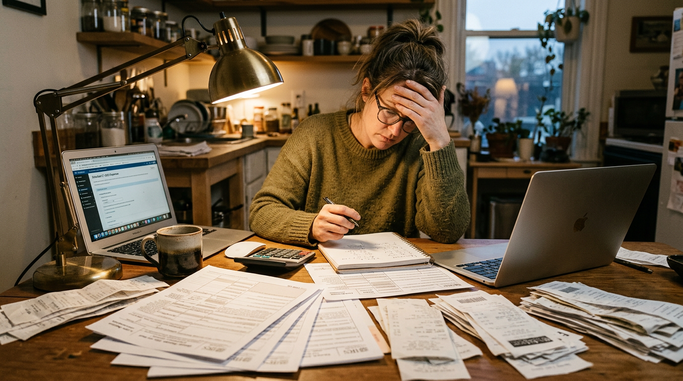 Stressed independent contractor doing 1099 tax prep and business tax planning at a laptop.