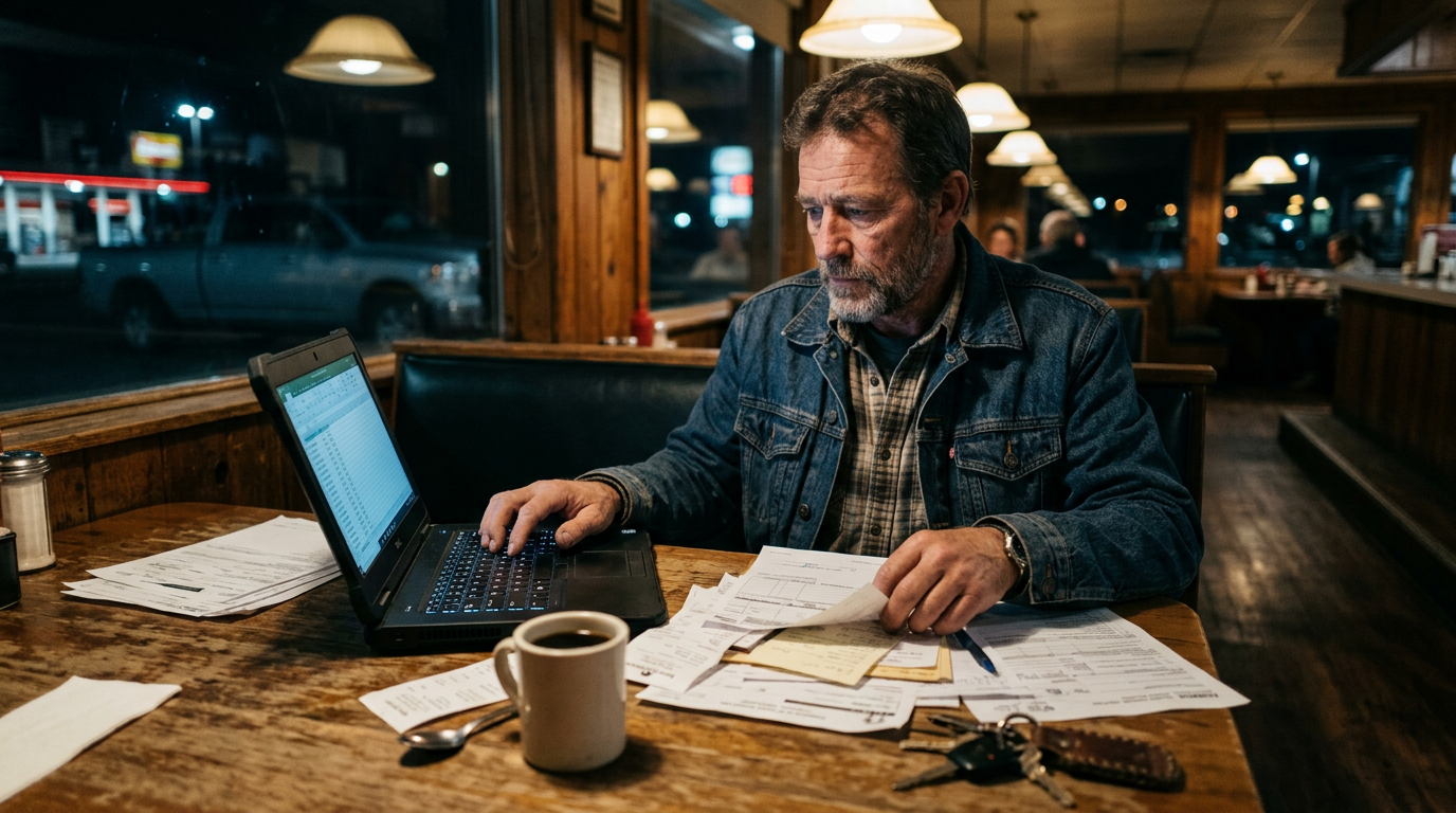 Owner-operator truck driver sorting receipts and tax forms at a wooden table for last-minute 1099 tax filing.
