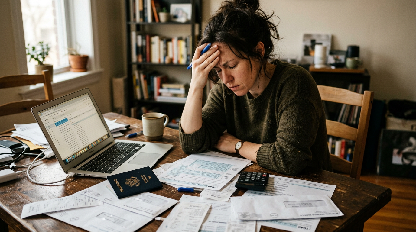 Stressed gig worker reviewing 1099 tax forms and IRS letters on a table alongside a US passport and laptop.