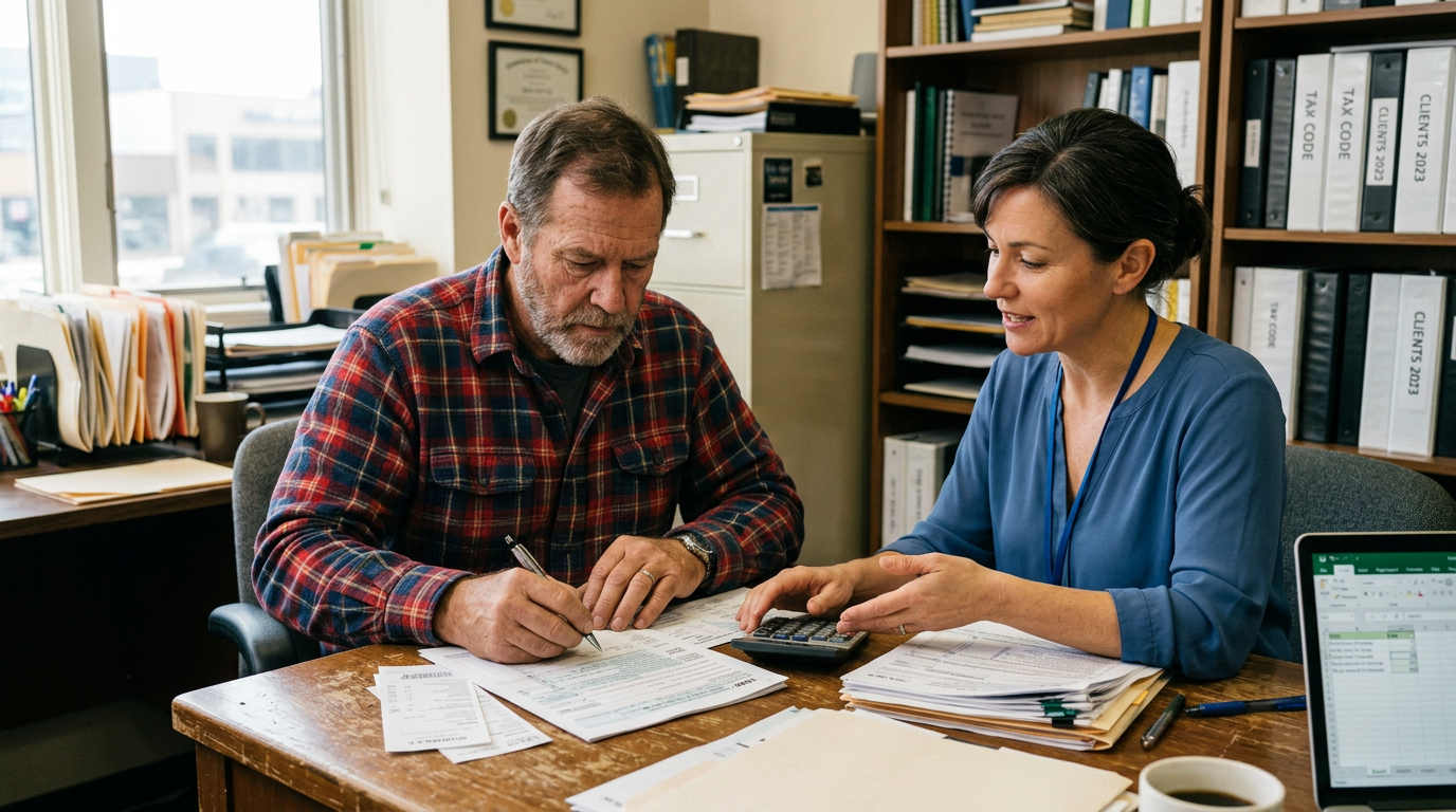 Owner-operator consulting a tax professional for 1099 business tax planning and filing services.