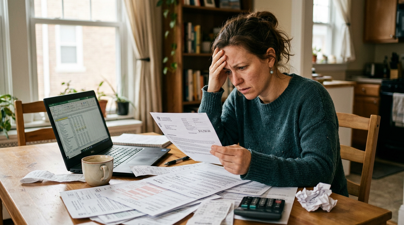 Stressed gig worker looking at surprise 1099 tax bills at a cluttered desk, seeking tax filing service solutions.