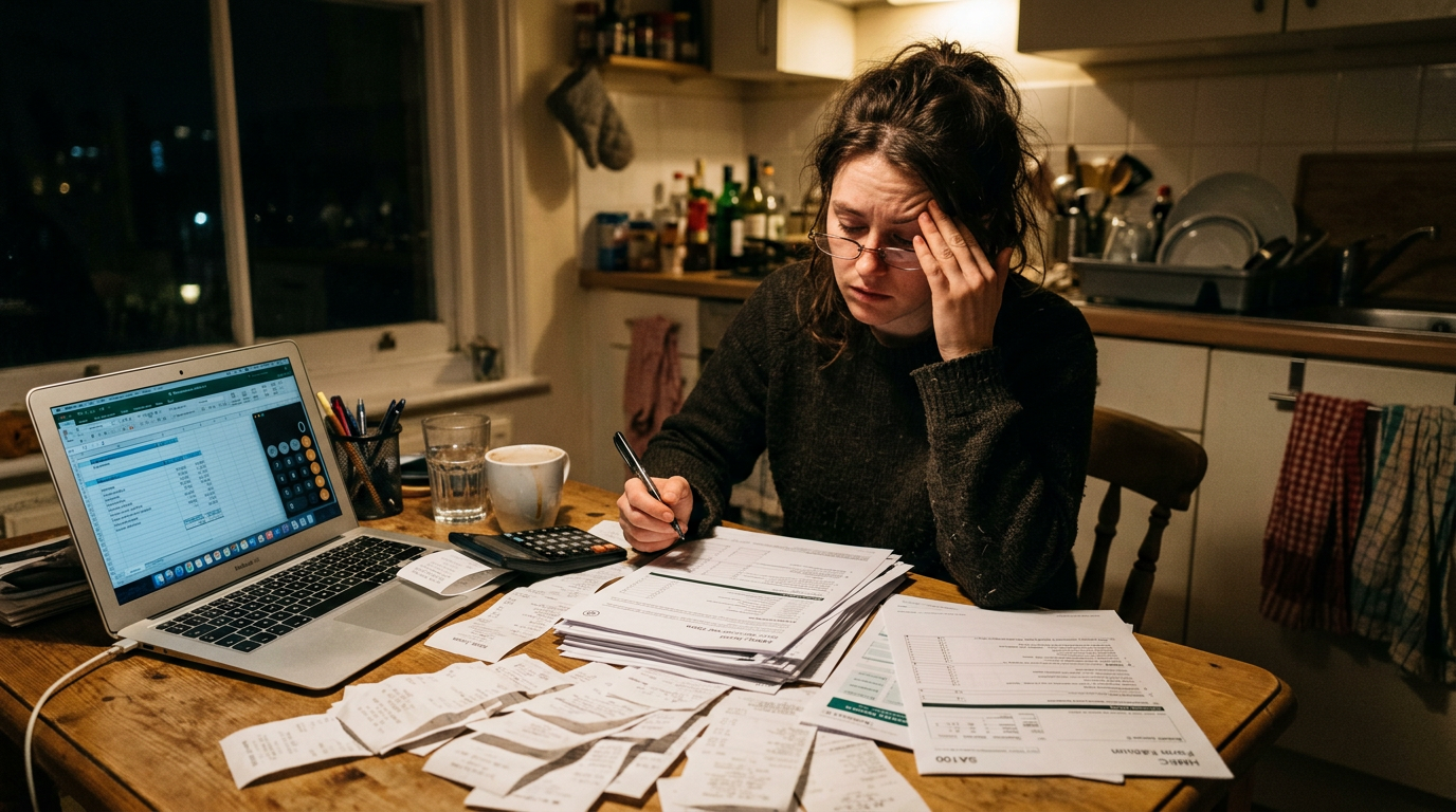 Stressed gig worker doing last-minute 1099 tax prep at a cluttered table with receipts.