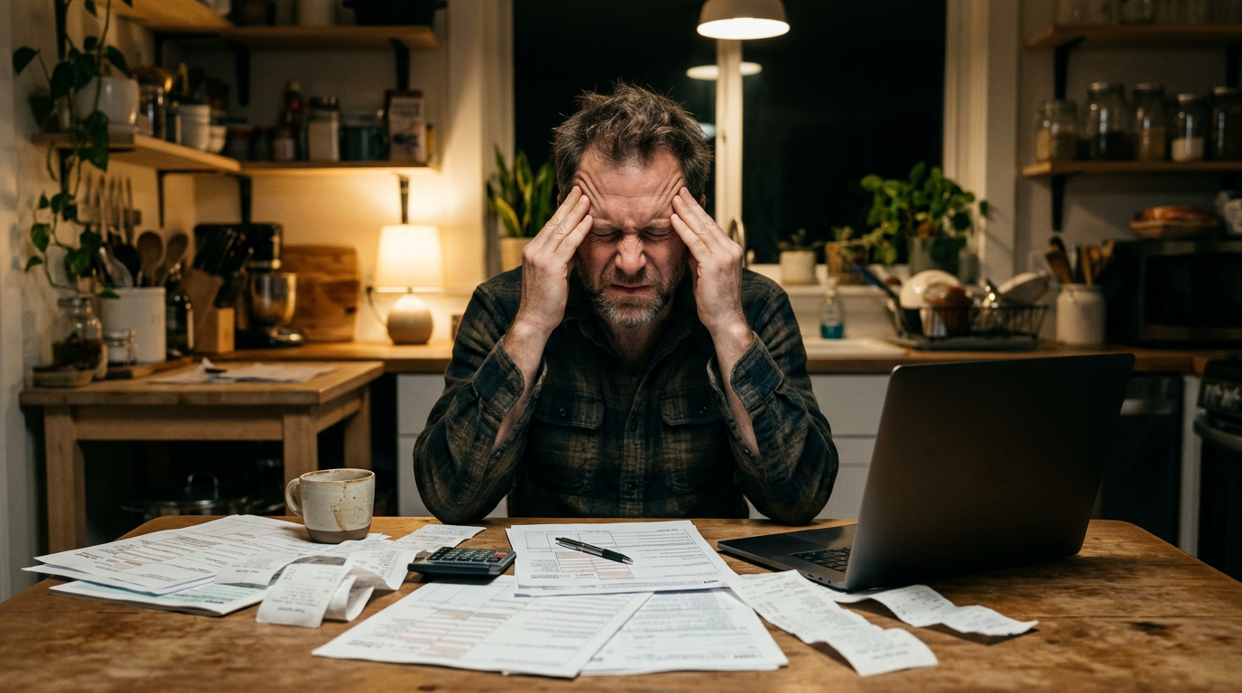 Stressed gig worker doing tax filing and business tax planning with 1099 forms at a desk.