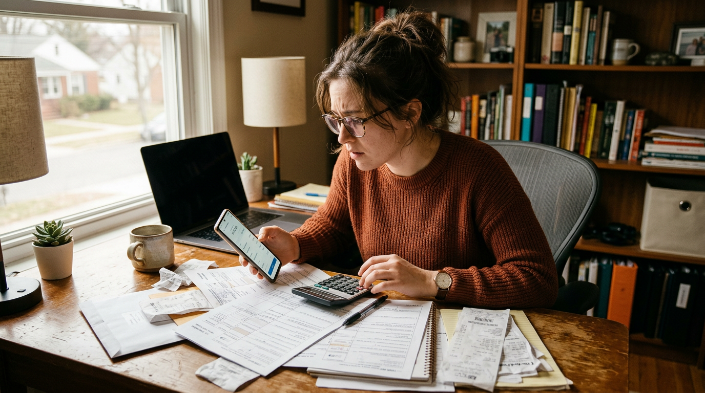 Stressed freelancer reviewing forms. Guide on how to file past due 1099 taxes and audit protection services.