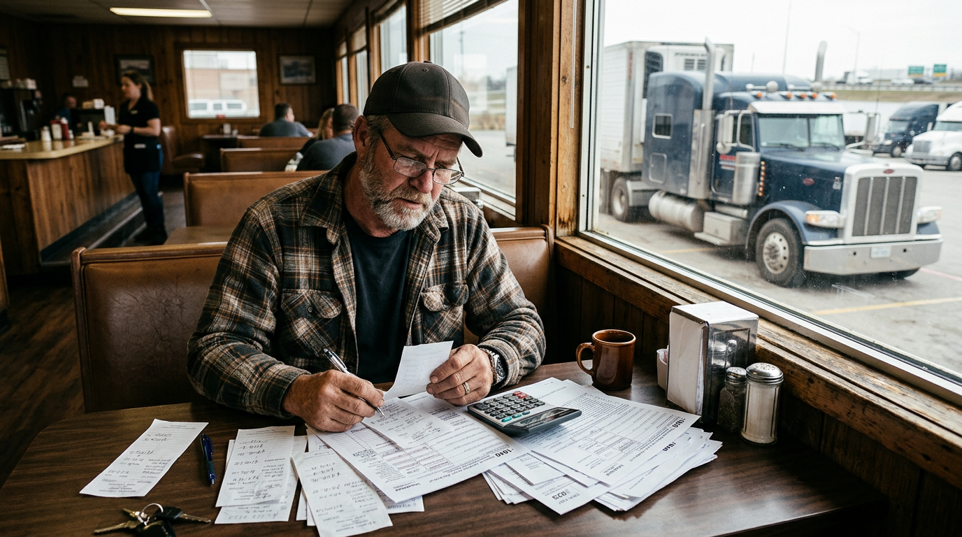 Owner-operator reviewing 1099 tax filing paperwork and receipts at a truck stop diner.