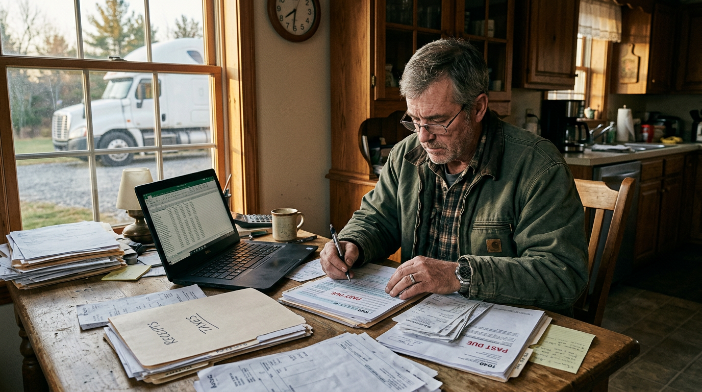 Truck owner-operator organizing past due 1099 business taxes and paperwork at a desk.