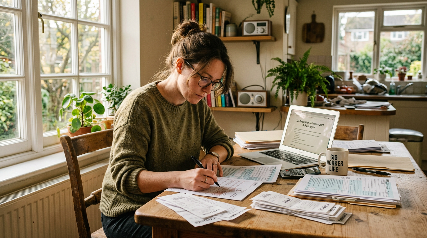 Gig worker organizing 1099 tax forms and receipts at a table for Michigan tax filing.