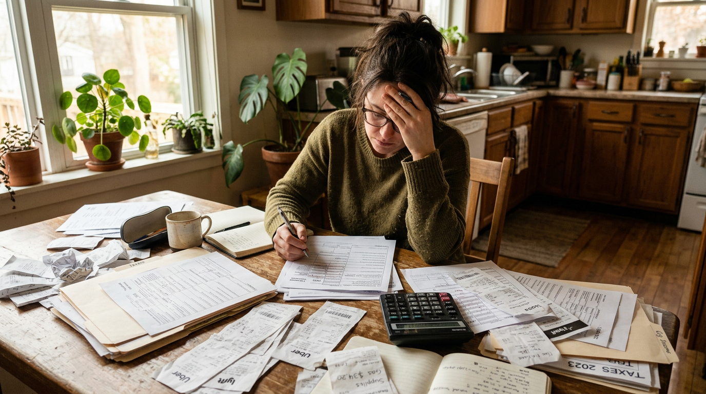 Stressed gig worker organizing 1099 tax forms and receipts at a table, highlighting the complex tax filing process.