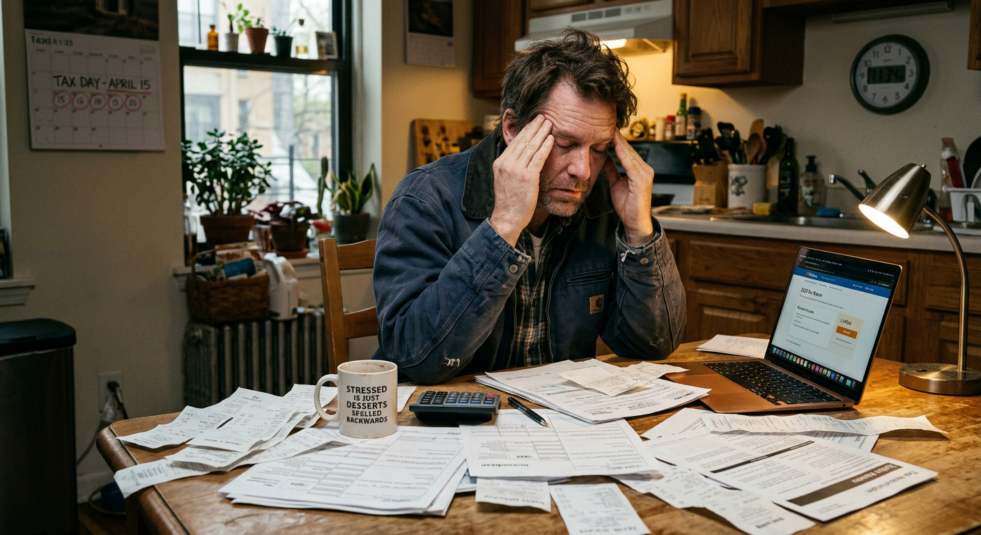 Stressed gig worker at a table dealing with 1099 tax filing paperwork, reflecting the need for tax filing professionals.