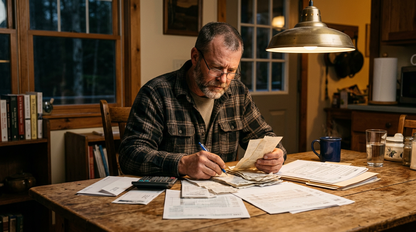 Gig worker organizing 1099 tax forms and receipts at a table for late tax filing.