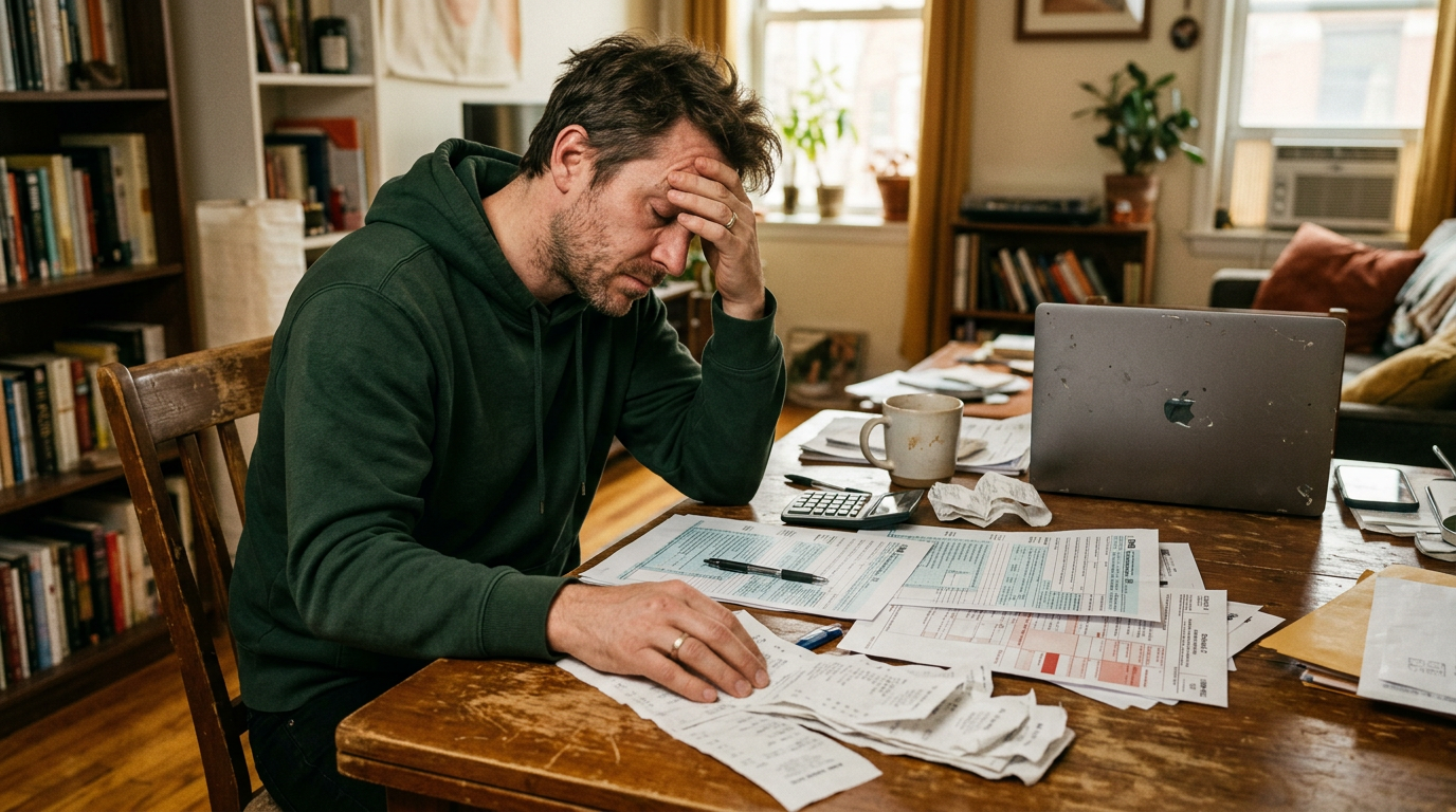Stressed gig worker reviewing 1099 tax forms and receipts at a table, highlighting independent contractor tax struggles.