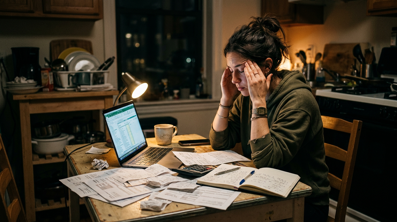 Stressed gig worker struggling with 1099 tax filing and software at a desk covered in receipts.