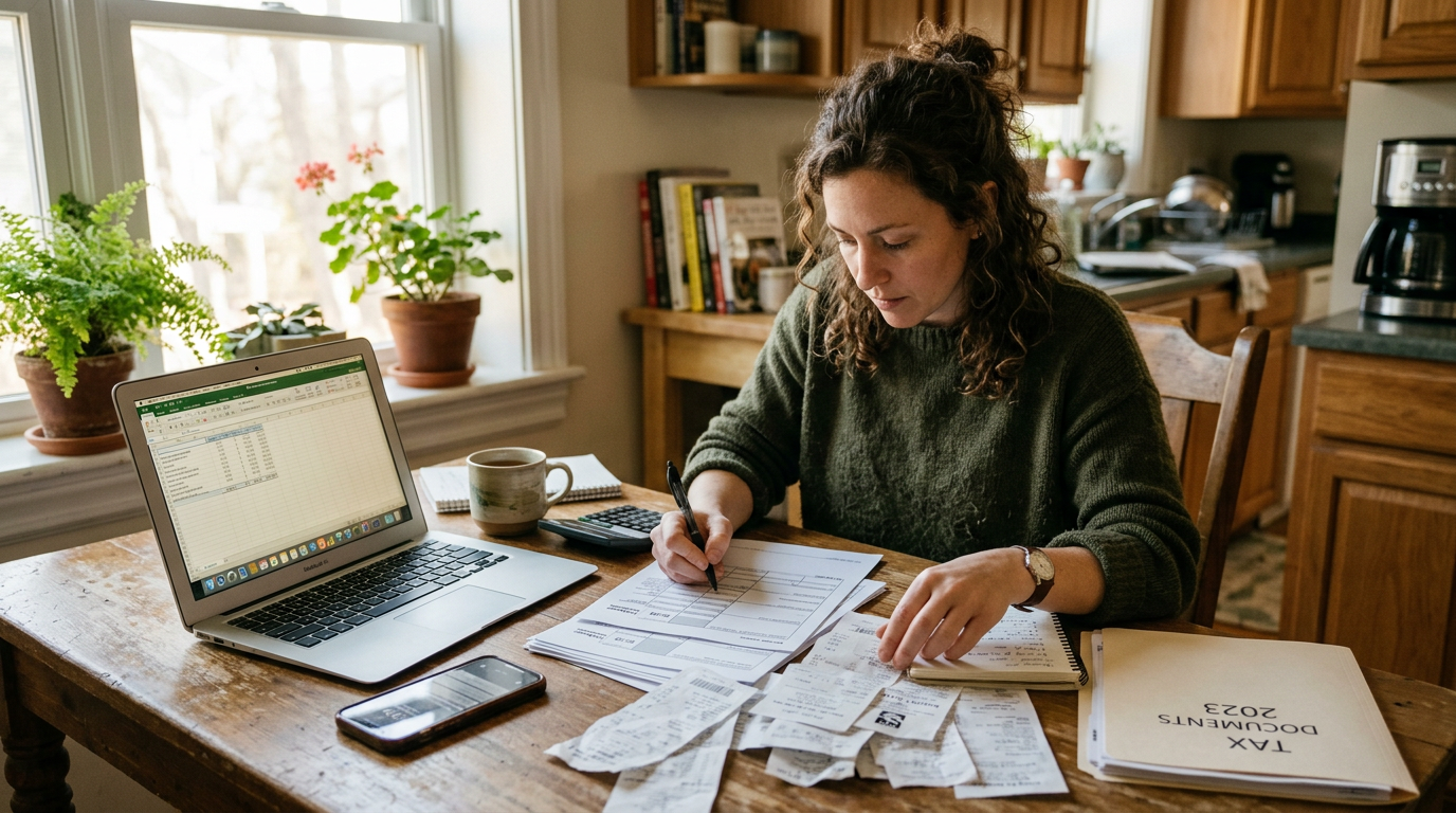 Freelancer organizing 1099 tax filing documents and receipts at a table for business tax planning.