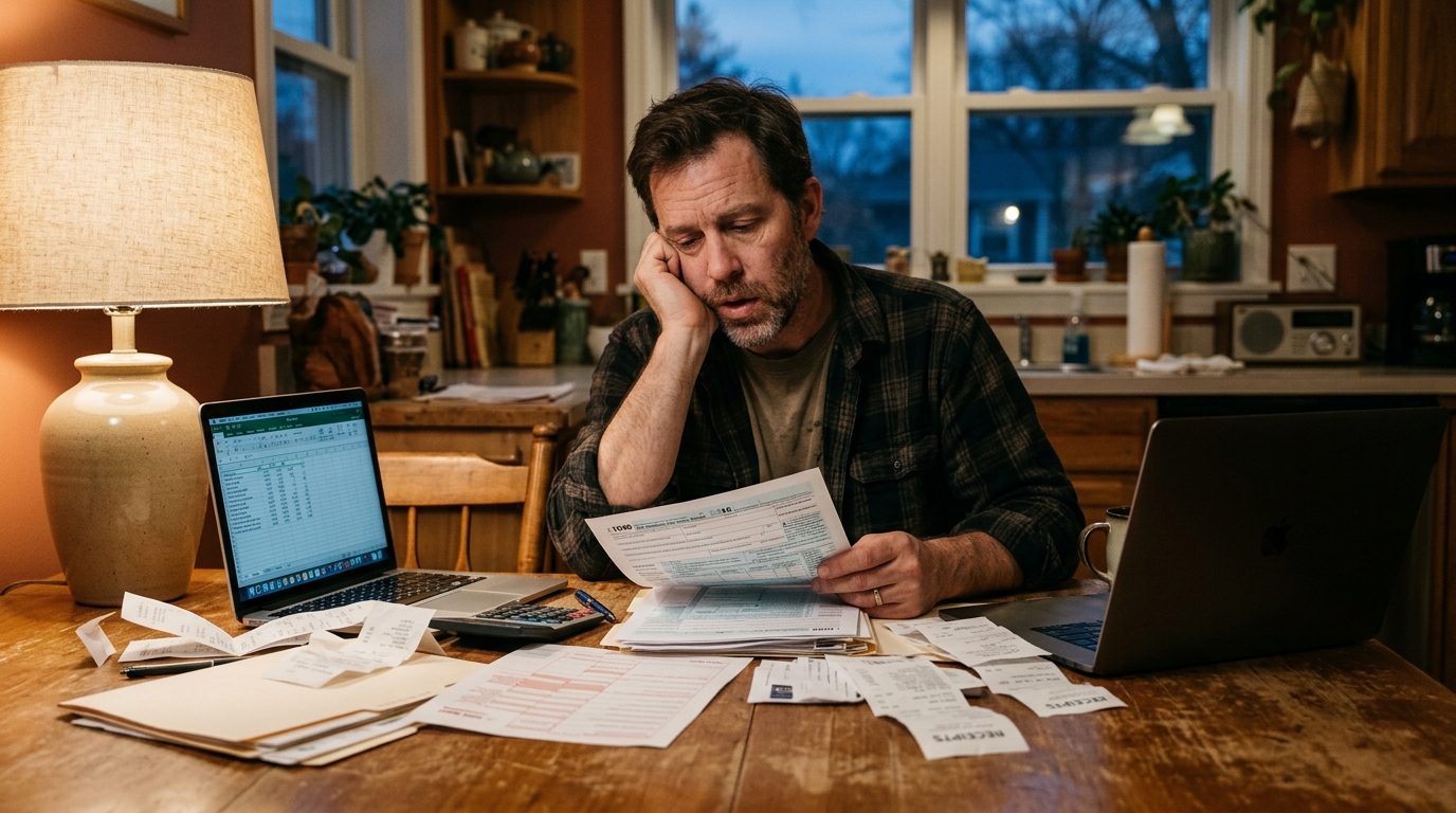 Independent contractor reviewing 1099 tax filing documents and receipts at a laptop for business tax planning.