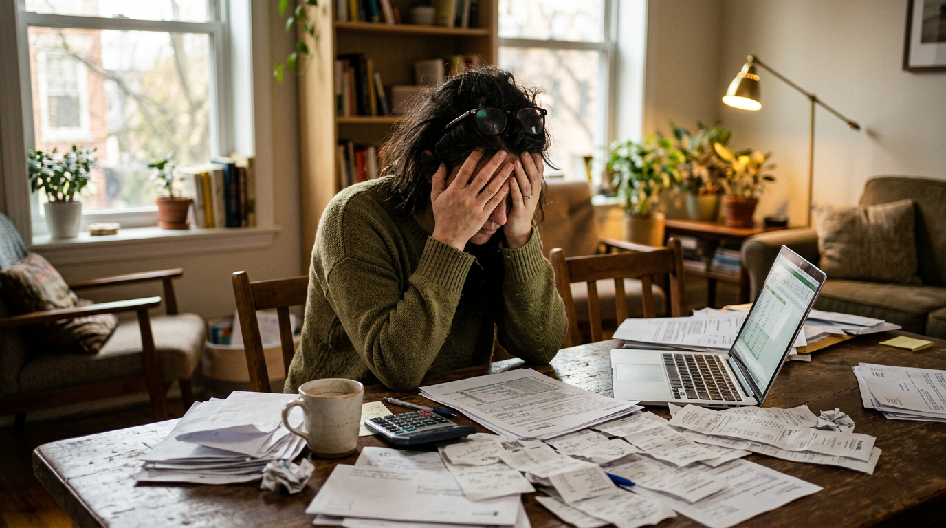 Stressed gig worker looking at paperwork and a laptop, struggling with 1099 tax filing and unfiled taxes.