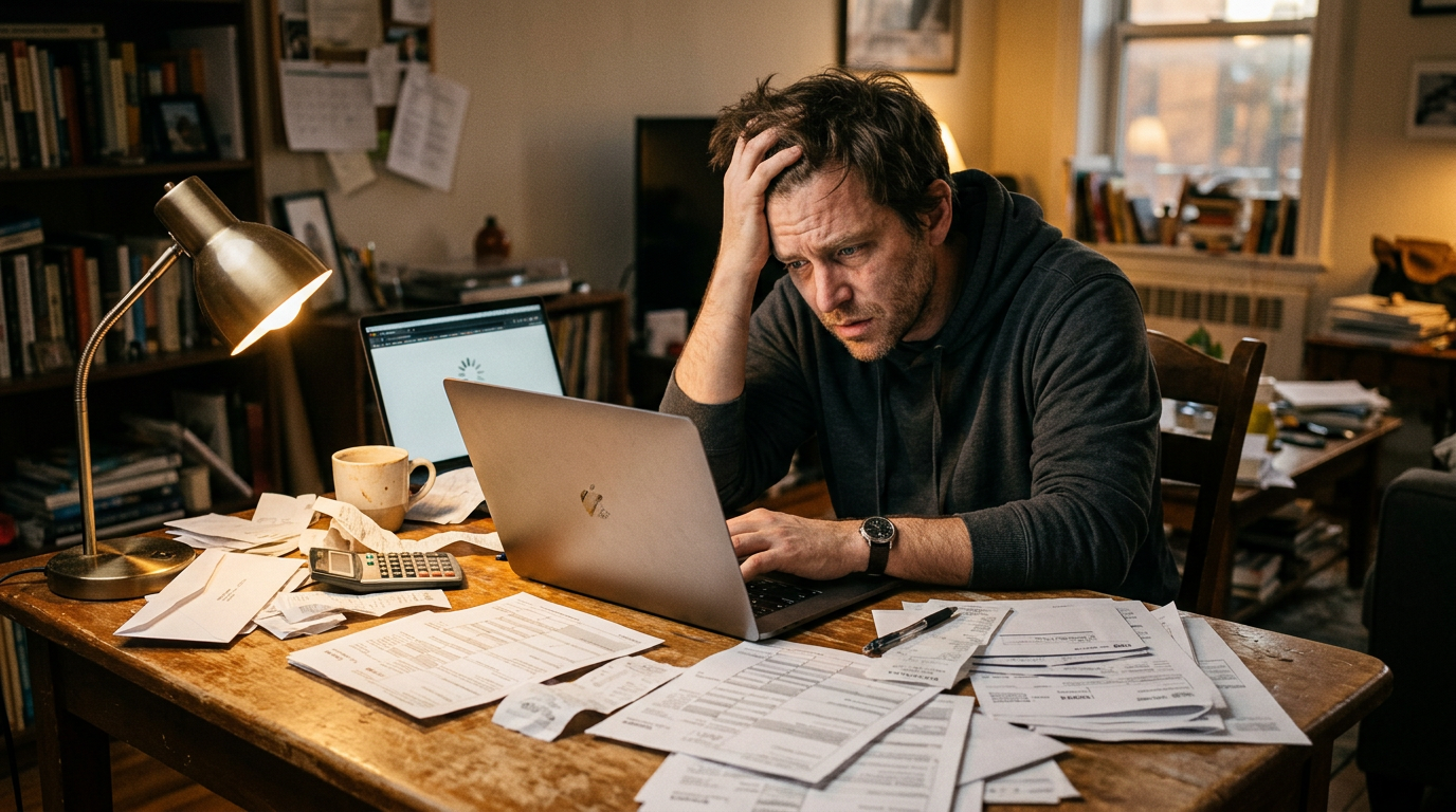 Frustrated gig worker reviewing 1099 tax forms and experiencing tax portal crashes. Best tax prep for immigrant founders.