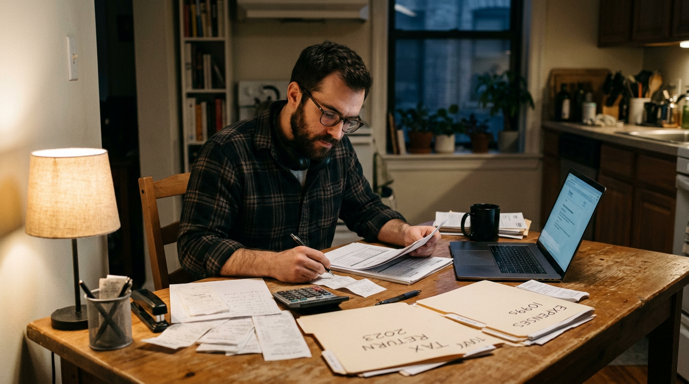 Focused gig worker organizing paper receipts at a table for 1099 tax filing and business tax planning.