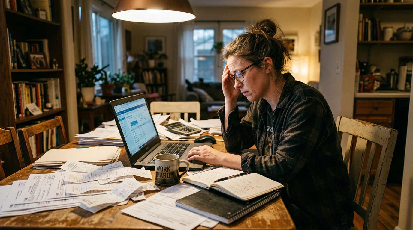 Independent contractor reviewing 1099 tax filing paperwork and receipts on a laptop at a desk.