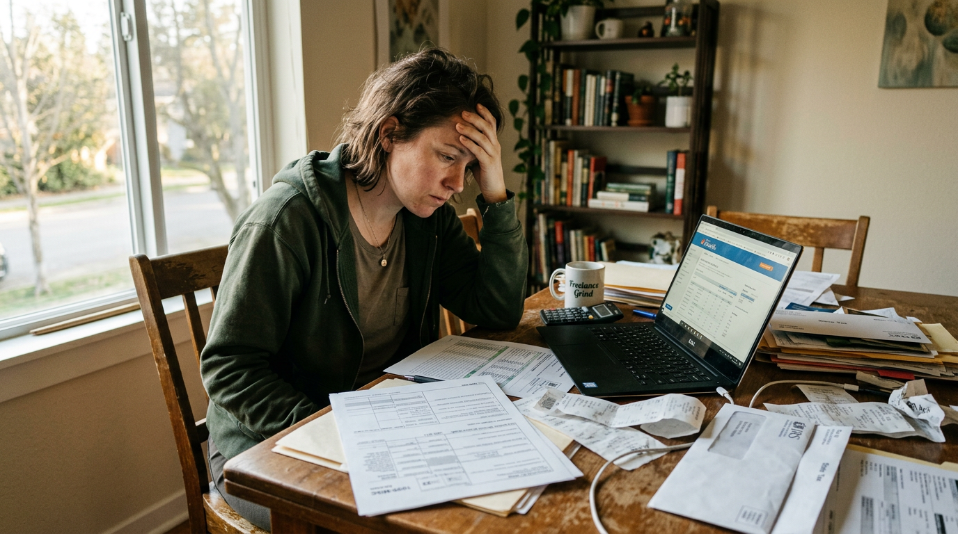 Stressed gig worker reviewing past due 1099 tax forms and receipts for tax filing at home.