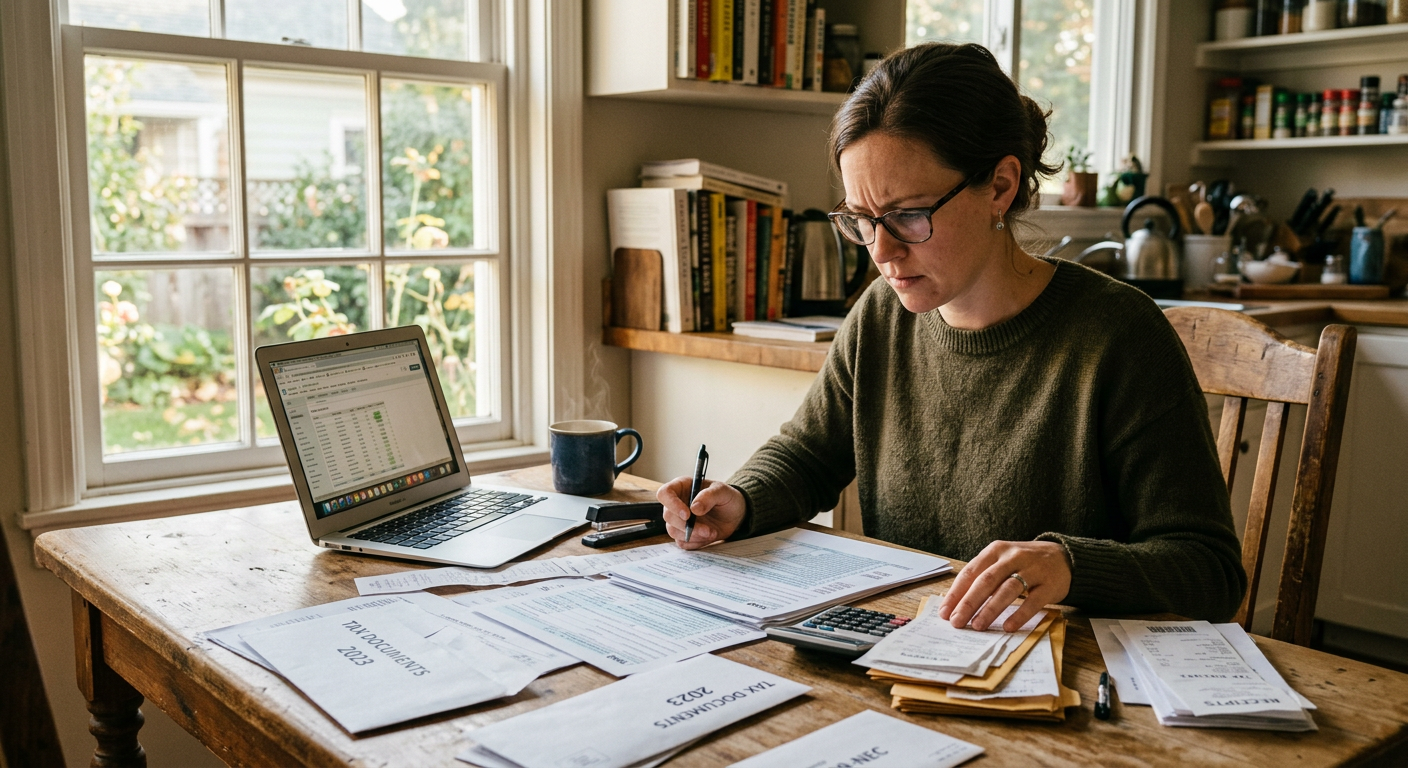 Gig worker reviewing 1099 tax filing forms and receipts on a laptop at a table.