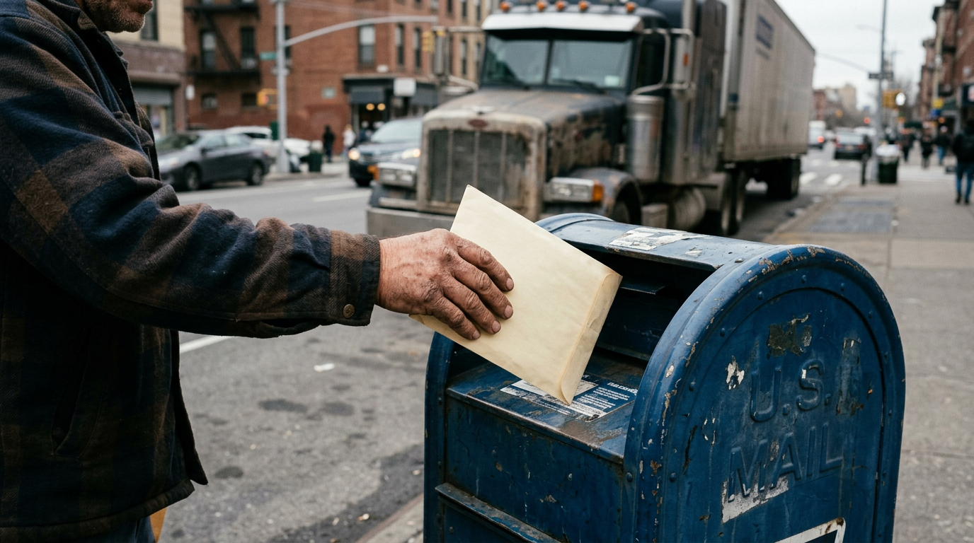 Owner-operator mailing 1099 tax filing documents at a public mailbox, illustrating postal delays and business tax planning.