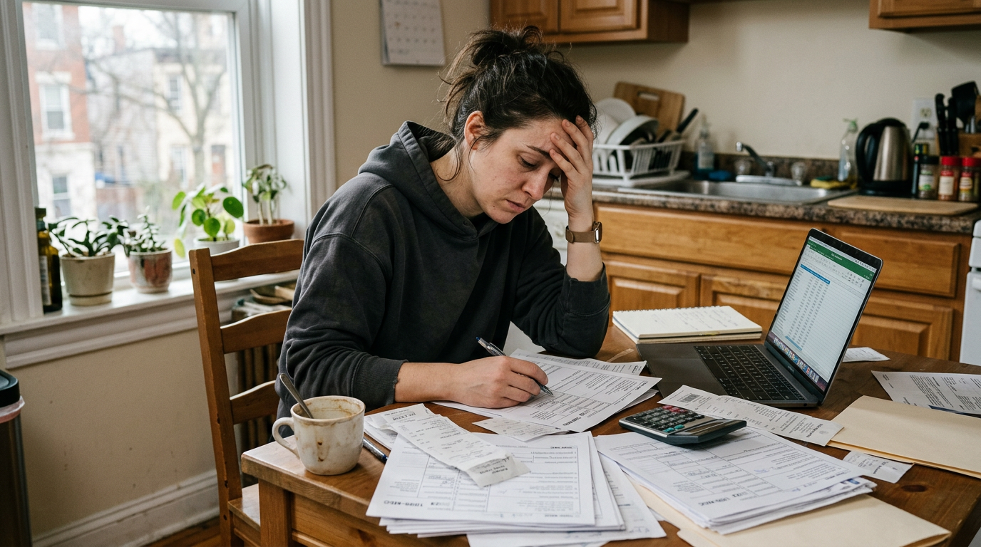Stressed gig worker reviewing 1099 tax filing forms and receipts at a table.