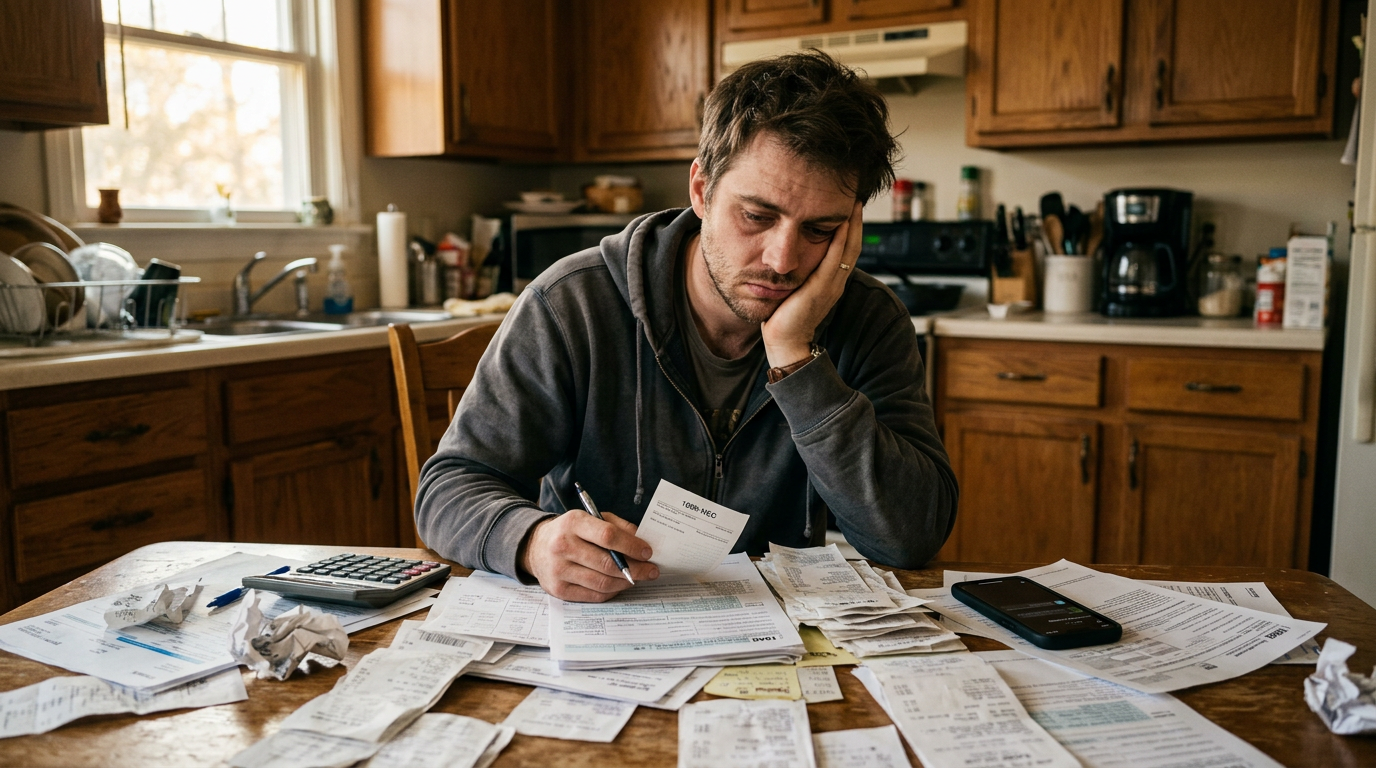 Stressed gig worker at a kitchen table sorting receipts and 1099 tax forms.