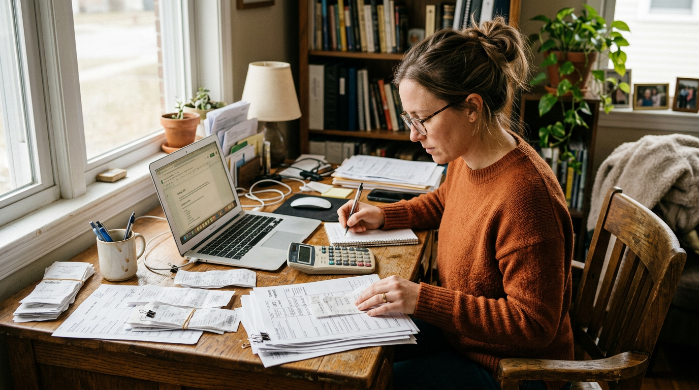 Independent contractor organizing receipts and 1099 tax filing paperwork at a desk for professional business tax planning.