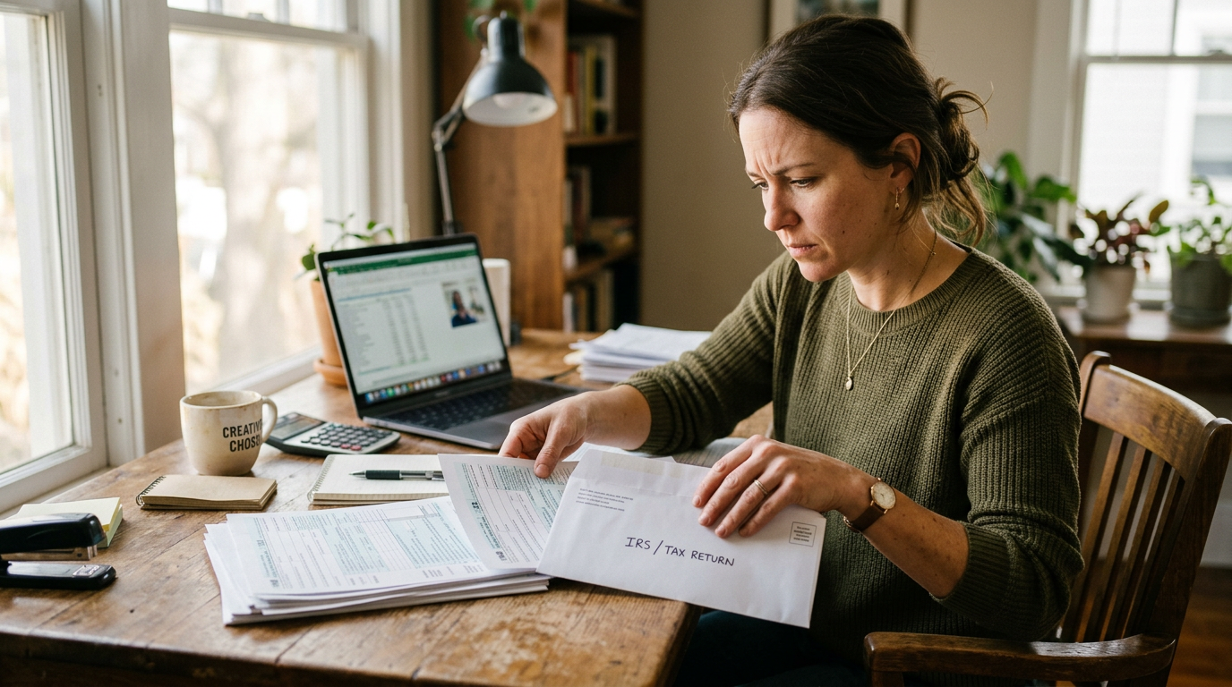Freelancer reviewing tax forms on a desk, highlighting the need for a 1099 tax filing professional and tax planning.