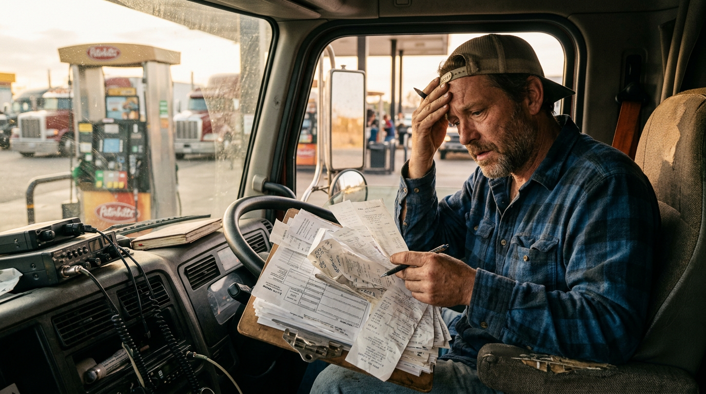 Owner operator truck driver reviewing past due 1099 tax forms and fuel receipts inside a truck cab.