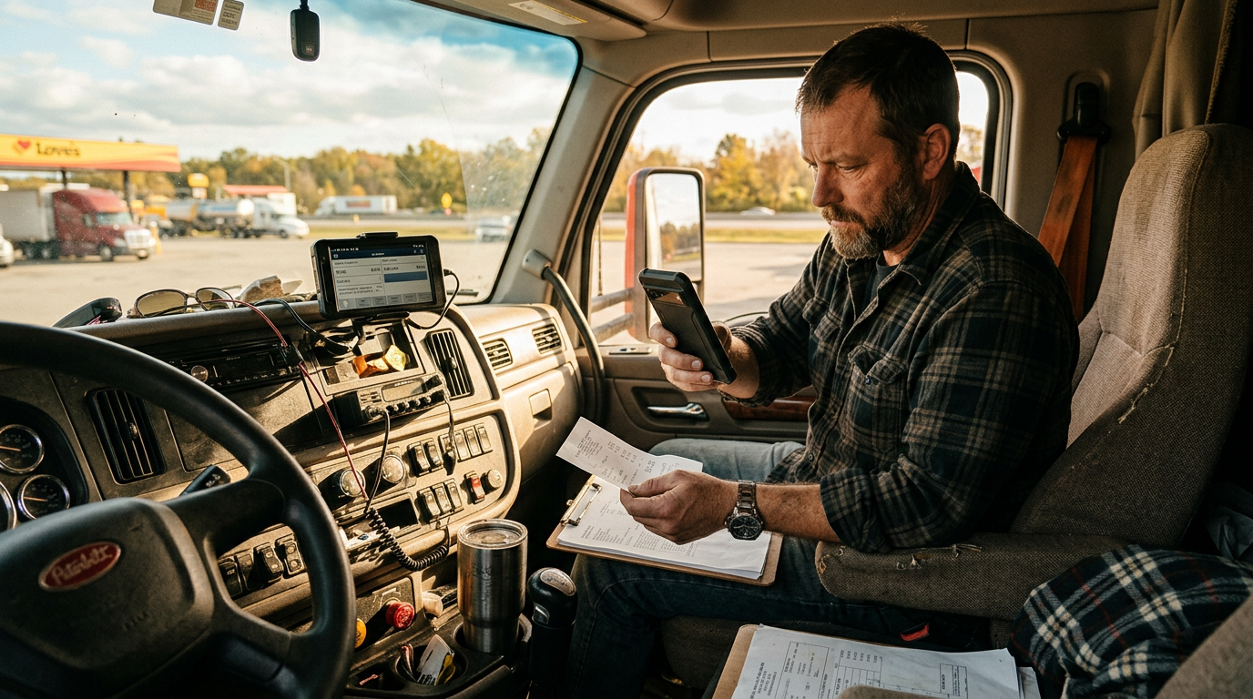 US truck driver using a smartphone to photograph a receipt for tax filing services in a truck cab.