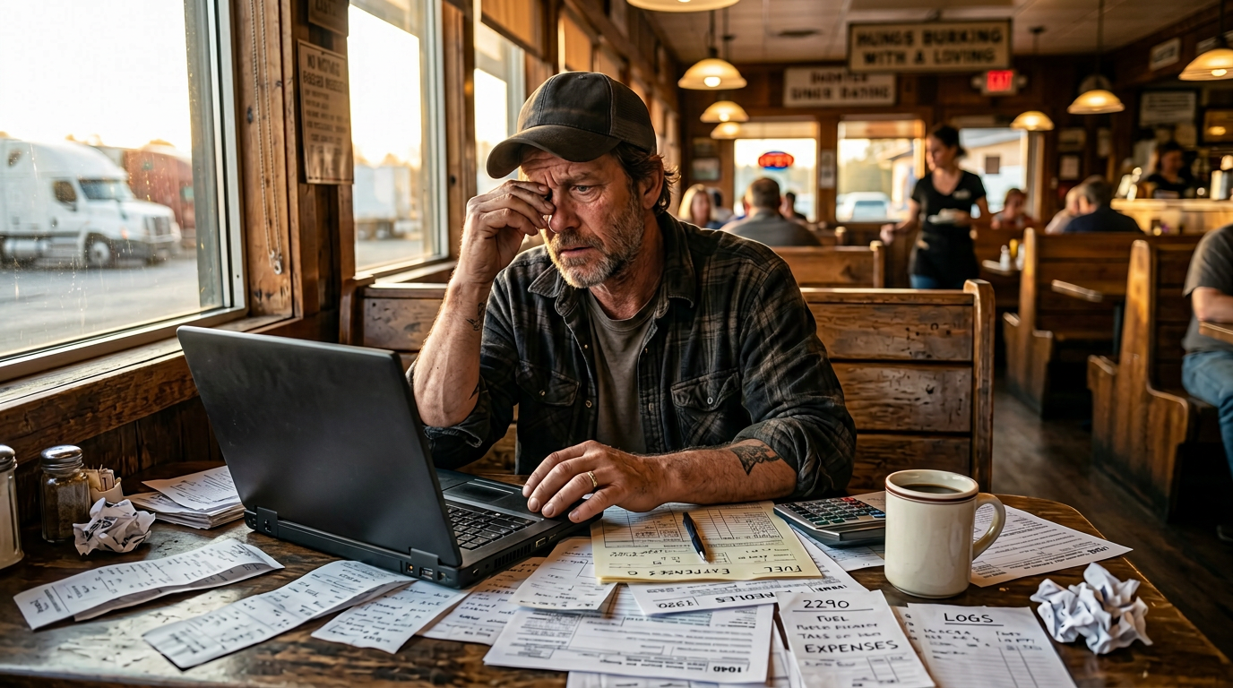 Stressed owner operator looking at a frozen laptop with 1099 tax filing paperwork and receipts scattered on a table.