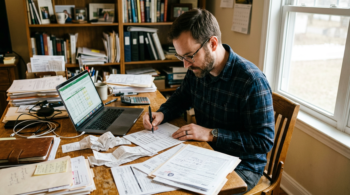 Independent contractor sorting past due 1099 tax filing paperwork and receipts for professional business tax planning.