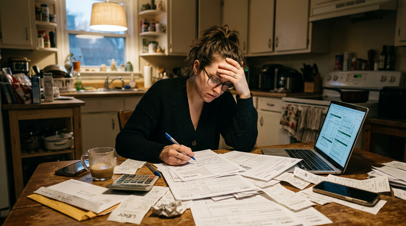 Stressed gig worker reviewing past due 1099 tax forms and receipts, highlighting business tax planning needs.